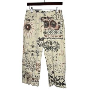 Vintage Chicos Boho Printed Floral Cropped Raw Hem Pants Size 1 Funky Artsy